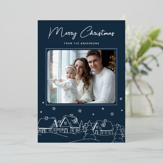 Merry Christmas Winter Village Hand Drawn Folie Feestdagenkaart (Staand Voorkant)