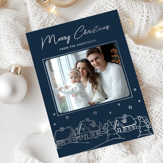 Merry Christmas Winter Village Hand Drawn Folie Feestdagenkaart