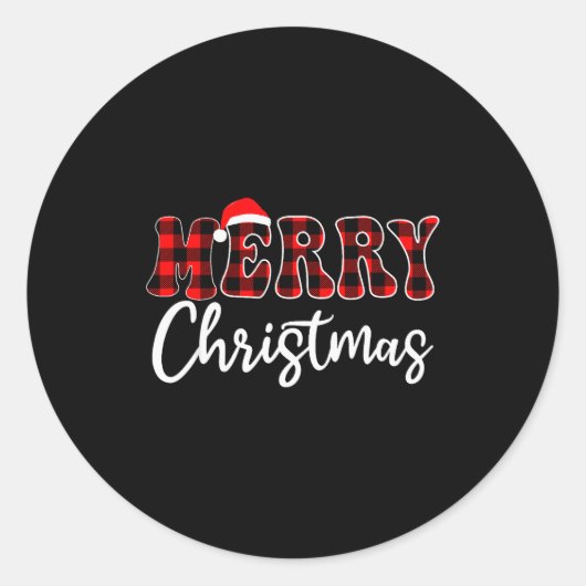 Merry Christmas With Black And Red Plaid Family Me Ronde Sticker (Voorkant)