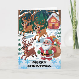 merry Christmas with playful Santa and Reindeer Feestdagen Kaart