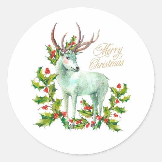 Merry Christmas Woodland Herten en Holly Berry Ronde Sticker (Voorkant)