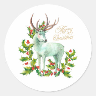 Merry Christmas Woodland Herten en Holly Berry Ronde Sticker