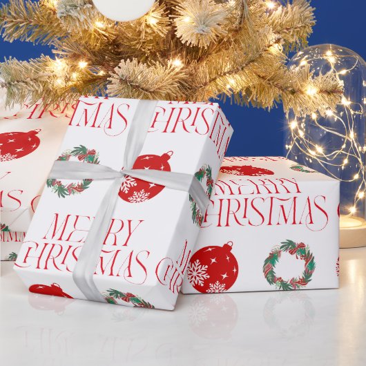 Merry Christmas Wrapping Paper w Ornament & Wreath Cadeaupapier (Feestdagen)