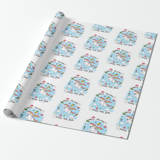 Merry Christmas Wrapping Unicorn Happy New Year Cadeaupapier (Uitgerold)