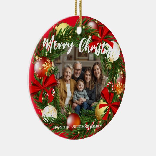Merry Christmas Wreath Photo Personalized Family N Keramisch Ornament (Rechts)