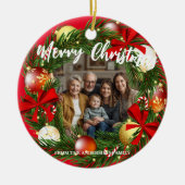 Merry Christmas Wreath Photo Personalized Family N Keramisch Ornament (Voorkant)