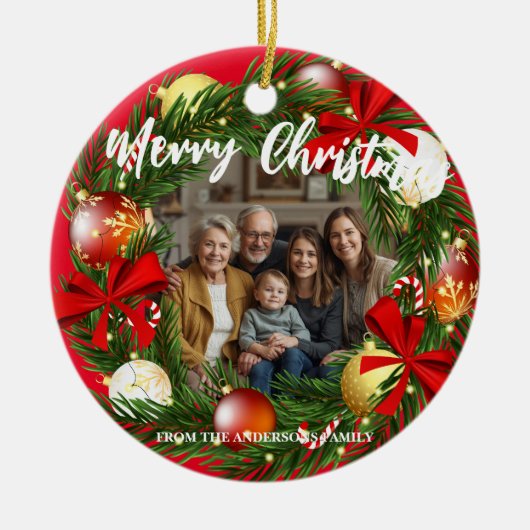 Merry Christmas Wreath Photo Personalized Family N Keramisch Ornament (Voorkant)
