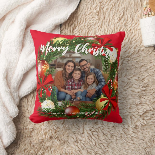 Merry Christmas Wreath Photo Personalized Family N Kussen (Deken)