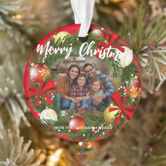 Merry Christmas Wreath Photo Personalized Family N Ornament (Boom)