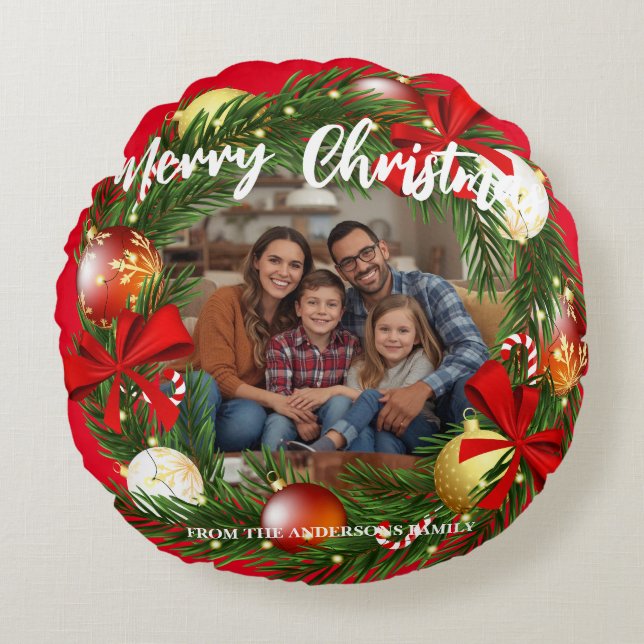 Merry Christmas Wreath Photo Personalized Family N Rond Kussen (Voorkant)