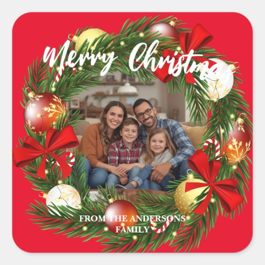 Merry Christmas Wreath Photo Personalized Family N Vierkante Sticker (Voorkant)