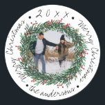 Merry Christmas Wreath Red Berries Name Photo Ronde Sticker<br><div class="desc">Merry Christmas Wreath Red Berries Name Photo Classic Round Sticker These cute little stickers have Merry Christmas written in a pretty script font. These stickers can be customized by changing the family name and foto. Check out the other coordinating products in the collection . For any further customization feel free...</div>