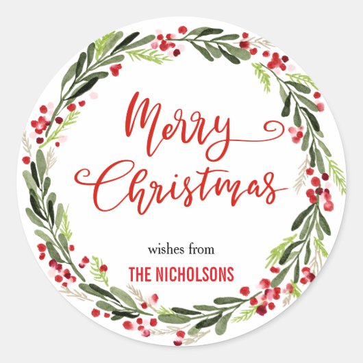 Merry Christmas Wreath Red Script | Krans Ronde Sticker (Voorkant)