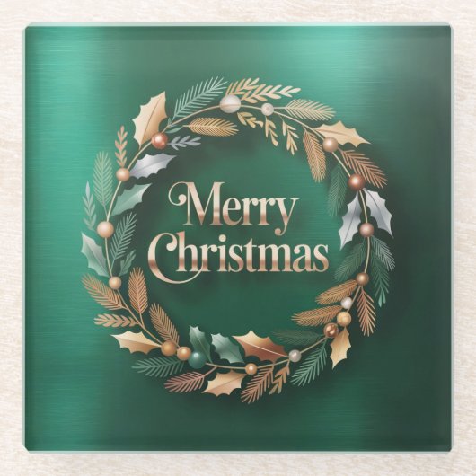 Merry Christmas Wreath Square Glass Coaster Glazen Onderzetter (Voorkant)