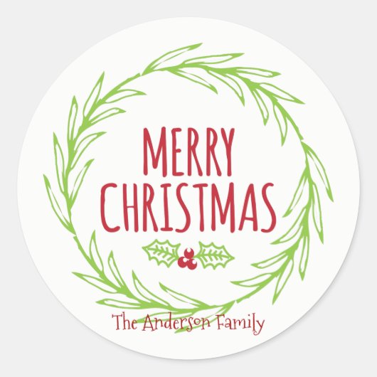 Merry Christmas Wreath Sticker Gift Label (Voorkant)