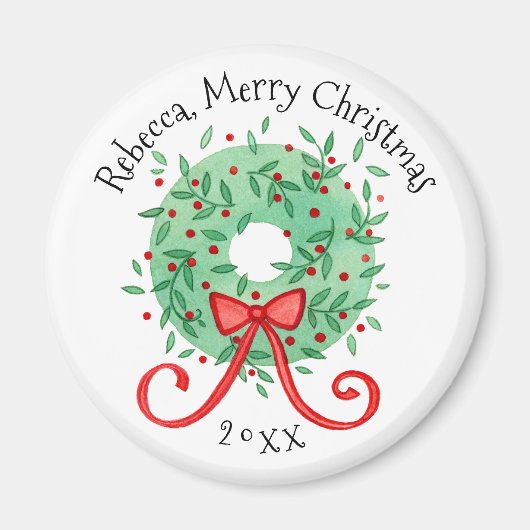 Merry Christmas Wreath Voeg naam en jaar toe Magneet (Voorkant)