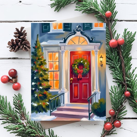 Merry Christmas Wreath Watercolor Red Feestdagenkaart