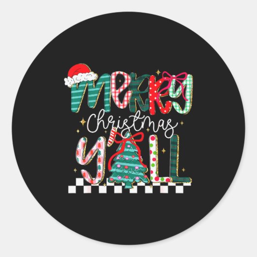 Merry Christmas Y’all Southern Christmas Tree Girl Ronde Sticker (Voorkant)