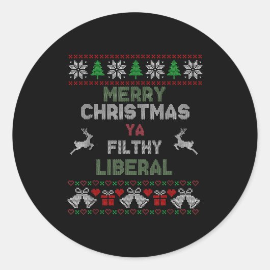 Merry Christmas Ya Filthy Liberal Ugly Knit Funny Ronde Sticker (Voorkant)