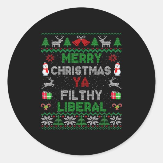 Merry Christmas Ya Filthy Liberal Ugly Knit Ronde Sticker (Voorkant)