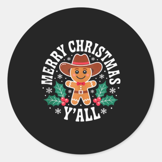 Merry Christmas Yall Gingerbread Cowboy Howdy West Ronde Sticker (Voorkant)