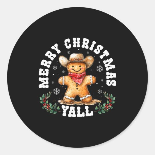 Merry Christmas Yall Gingerbread Cowboy Western Xm Ronde Sticker (Voorkant)