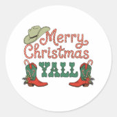 Merry Christmas Yall Western Country Cowboy Xmas Ronde Sticker (Voorkant)