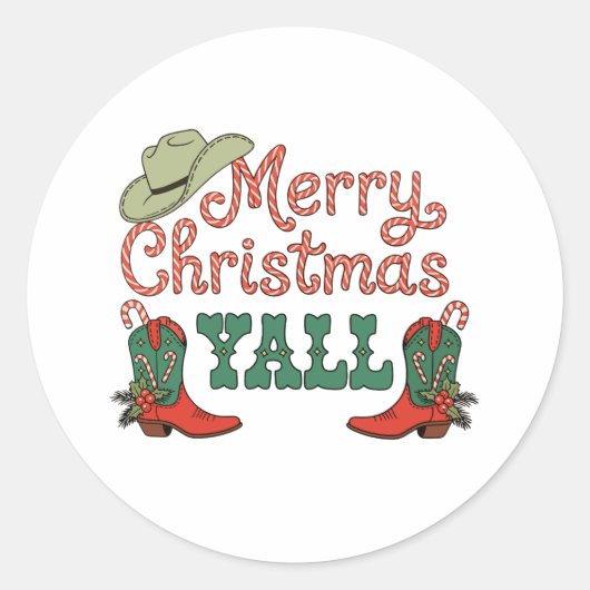 Merry Christmas Yall Western Country Cowboy Xmas Ronde Sticker (Voorkant)