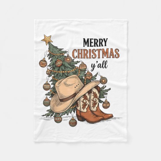 Merry Christmas Y'all Western Cowboy Boots Hat Xma Fleece Deken (Voorkant)