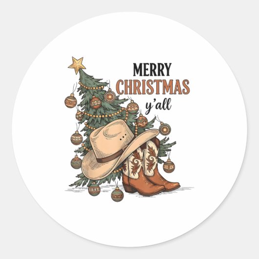 Merry Christmas Y'all Western Cowboy Boots Hat Xma Ronde Sticker (Voorkant)