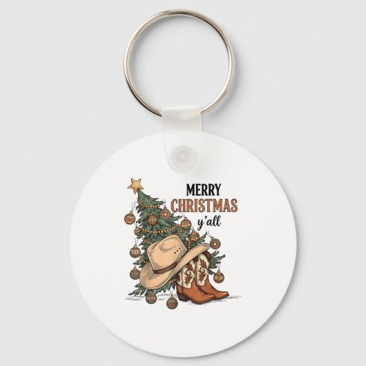 Merry Christmas Y'all Western Cowboy Boots Hat Xma Sleutelhanger (Voorkant)