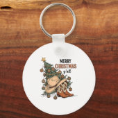 Merry Christmas Y'all Western Cowboy Boots Hat Xma Sleutelhanger (Voorkant)