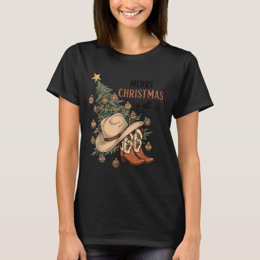 Merry Christmas Y'all Western Cowboy Boots Hat Xma T-shirt (Voorkant)