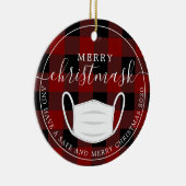 Merry Christmask Red Plaid quarantainemasker Keramisch Ornament (Rechts)