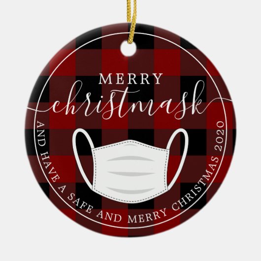 Merry Christmask Red Plaid quarantainemasker Keramisch Ornament (Voorkant)