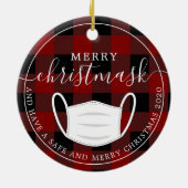 Merry Christmask Red Plaid quarantainemasker Keramisch Ornament (Achterkant)