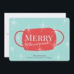 Merry Christmask Retro Turquoise Christmas Card Feestdagenkaart<br><div class="desc">This retro and funny 2020 covid-19 "merry christmask" christmas/foliday card features a red mask with white stars on a light turquoise blue background. The reverse side features a salmon red background with white snow patterns. Personalize it for your needs. You can find matching products at my store.</div>