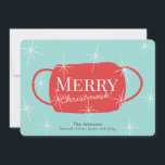 Merry Christmask Retro Turquoise Christmas Card Feestdagenkaart<br><div class="desc">This retro and funny 2020 covid-19 "merry christmask" christmas/foliday card features a red mask with white stars on a light turquoise blue background. The reverse side features a salmon red background with white snow patterns. Personalize it for your needs. You can find matching products at my store.</div>