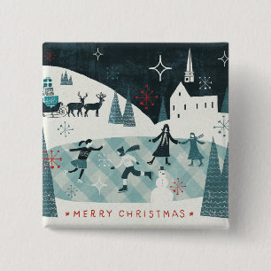 Merry Christmastime Skating Scene Vierkante Button 5,1 Cm