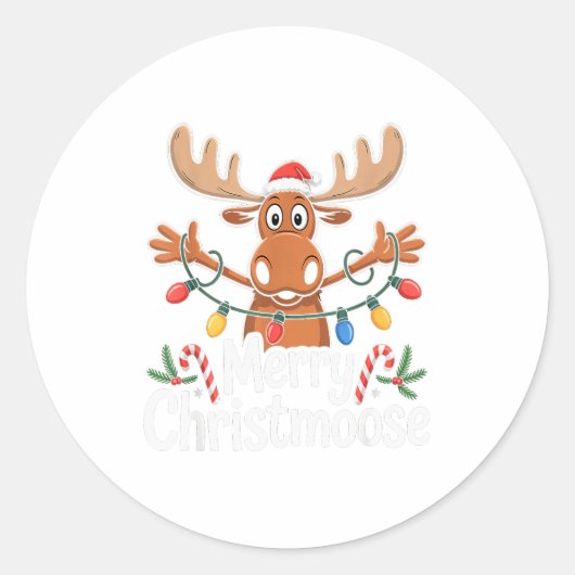 Merry Christmoose Christmas Tree Lights Santa Hat Ronde Sticker (Voorkant)
