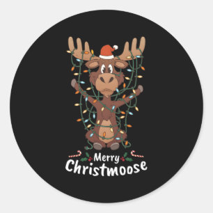 Merry Christmoose Moose Tree Lights Ronde Sticker