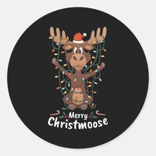 Merry Christmoose Moose Tree Lights Ronde Sticker (Voorkant)
