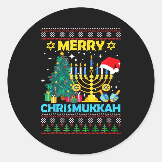 Merry Christmukkah Hanukkah Christmas Tree Xmas Fa Ronde Sticker (Voorkant)