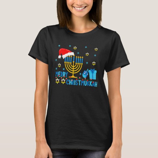 Merry Christmukkah Hanukkah Holiday  Light Santas  T-shirt (Voorkant)