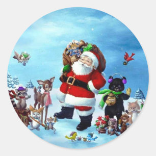 Merry Chrstimas Santa Claus With Animals Ronde Sticker