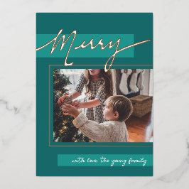 Merry Color Block Foil Holiday Photo Card Folie Feestdagenkaart