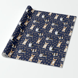 Merry Corgstront - Kerstmis Corgi patroon blauw Cadeaupapier