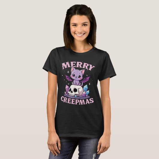 Merry Creepmas Cat Pastel Goth Christmas Skull For T-shirt (Voorkant volledig)