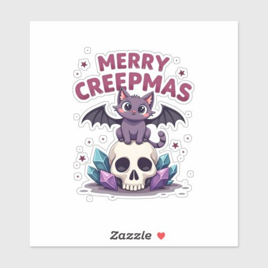 Merry Creepmas Cat Pastel Goth Christmas Skull T-S Sticker (Vel)