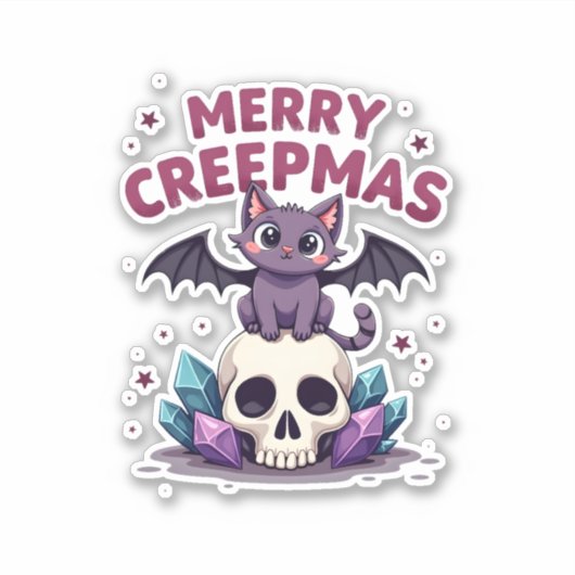 Merry Creepmas Cat Pastel Goth Christmas Skull T-S Sticker (Voorkant)